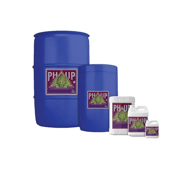 Blue chemical drums and white bottles labeled PHAID in varying sizes on a white background