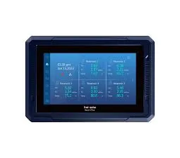 Rugged black touchscreen display showing a blue monitoring dashboard interface