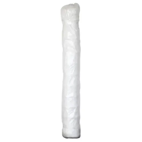 White rolled foam mattress or cushion standing upright on a plain background