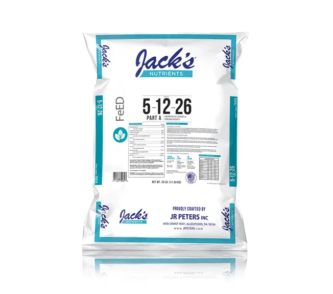 Jack’s Nutri-Nutrients 5-12-26 feed bag, white with teal accents, front view