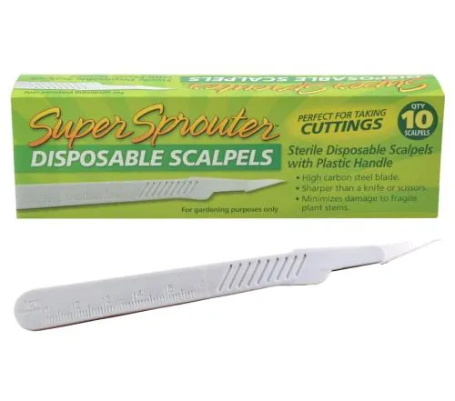 Box of SuperSprouter disposable scalpel cutting tools with a white scalpel on a green background