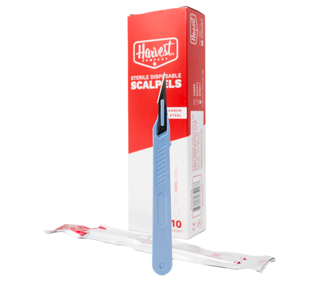Blue scalpels with red and white Hartzell packaging on a white background