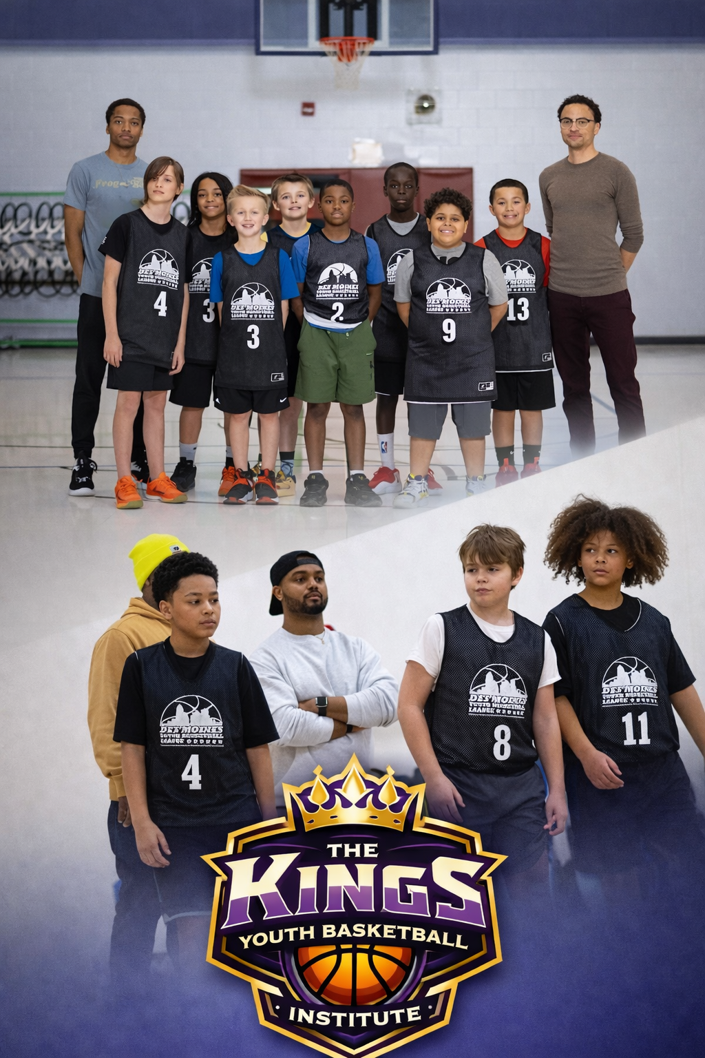 Group photos of youth basketball teams with coaches in a gym, featuring a logo for The Kings Youth Basketball Institute.