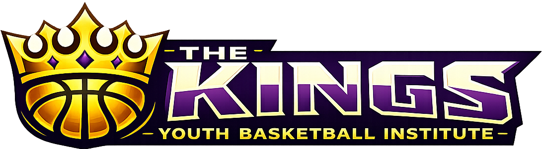 Logo for The Kings Youth Basketball Institute, featuring a gold basketball-topped crown next to purple-and-gold text.