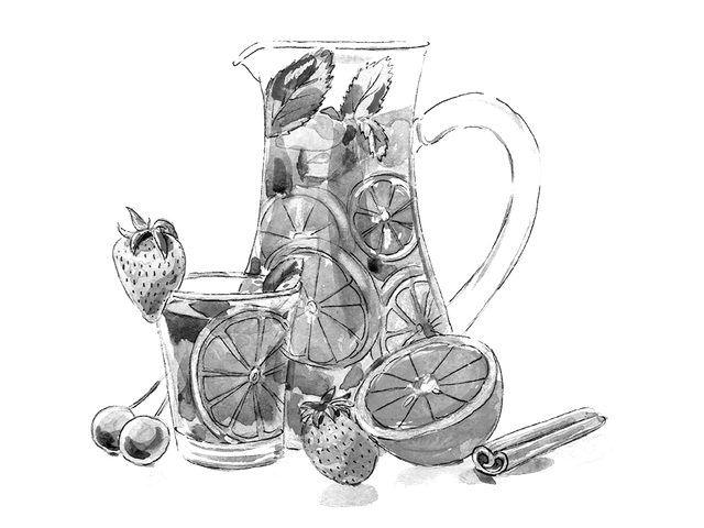 Illustration einer Glaskaraffe mit Sangria und Orangenscheiben