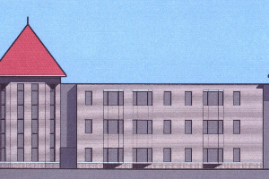 Illustration of a long beige building with a red-roofed tower on the left under a blue sky.