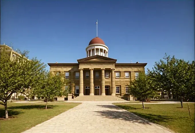 Historic stone building with a red-domed tower and a central walkway under a clear blue sky