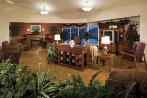 Cozy living room with fireplace, large window, plants, and wooden furniture at dusk