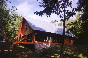Rustic wooden cabin with a metal roof surrounded by trees in a wooded clearing