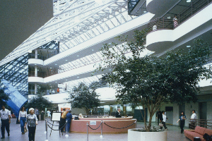 Bright indoor atrium with glass roof, trees, benches, and people walking near a circular information desk.