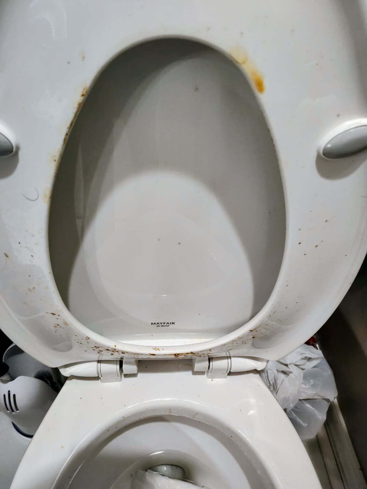 Open toilet with white seat and lid in a small bathroom