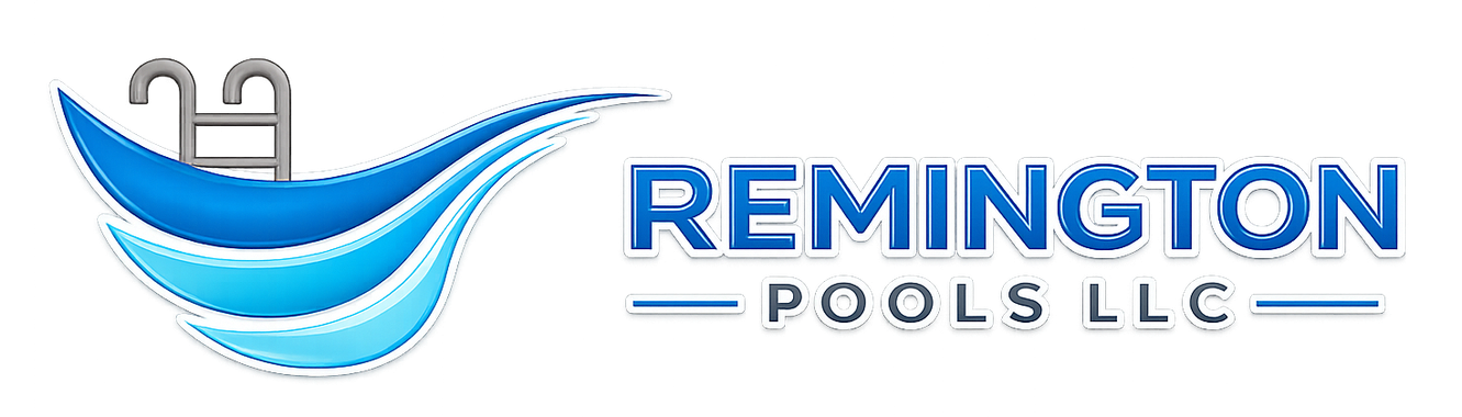 Remington Pools LLC logo with blue wave and stylized swimmer icon