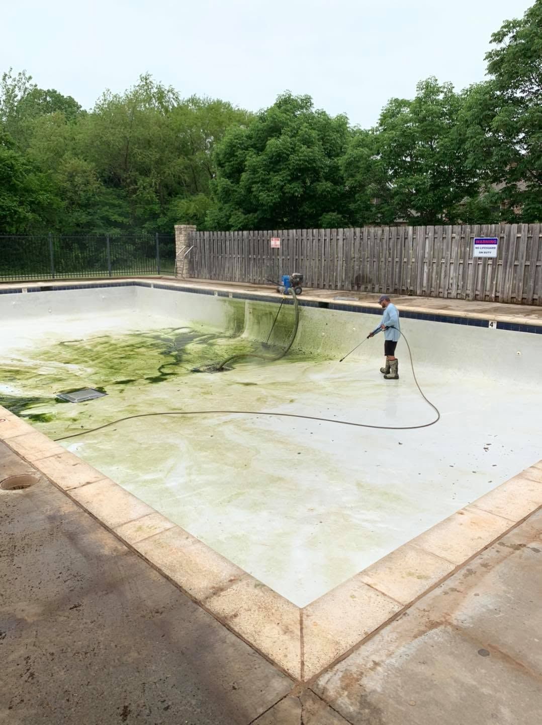 Empty drained pool being cleaned by two workers with hoses, surrounded by trees and a wooden fence.