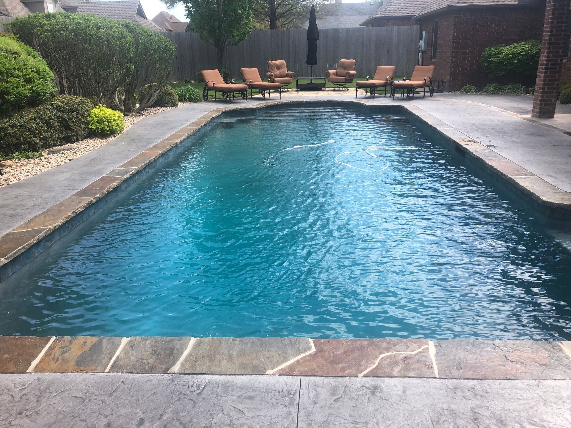 Rectangular outdoor pool with blue water, stone deck, lounge chairs, and trees in a backyard setting