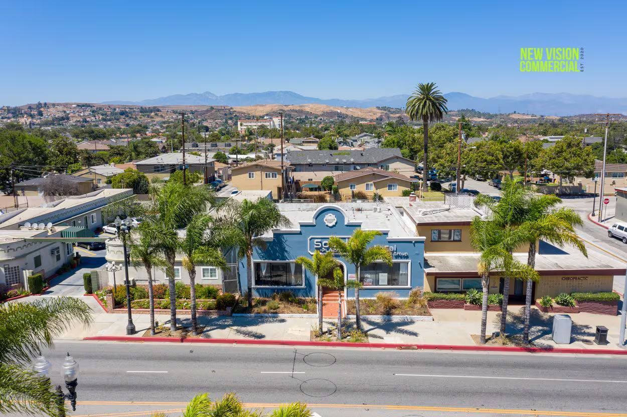 A blue building with a palm tree in front of it.