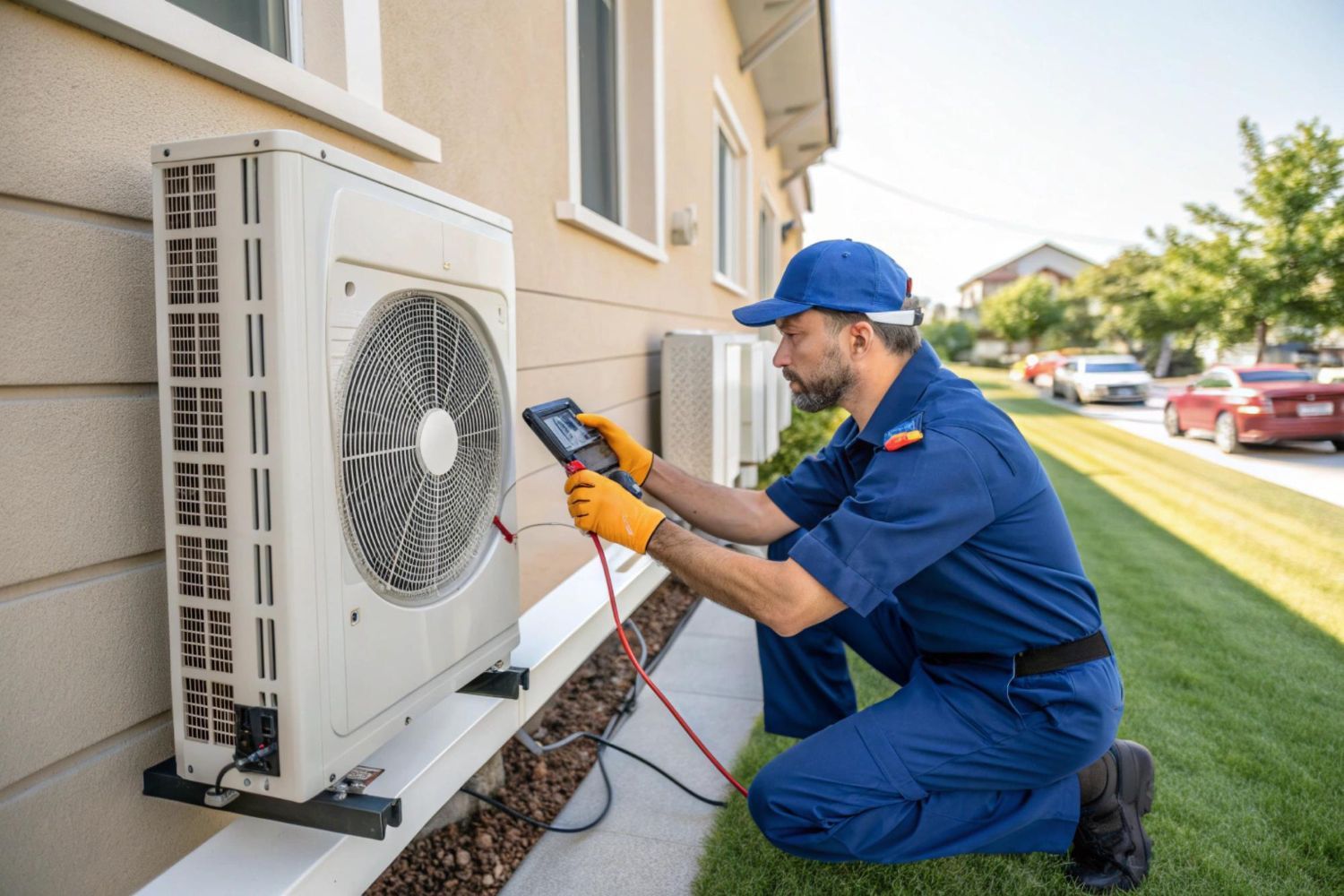 HVAC technician in blue uniform testing an outdoor air conditioner unit with a multimeter
