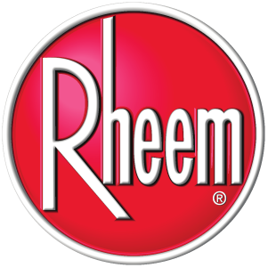 Rheem logo in white text on a red circular background with a silver border