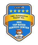 CARFAX 2025 Top-Rated Service Center badge for TRC Automotive Repair Inc., blue and gold with Car Fox mascot