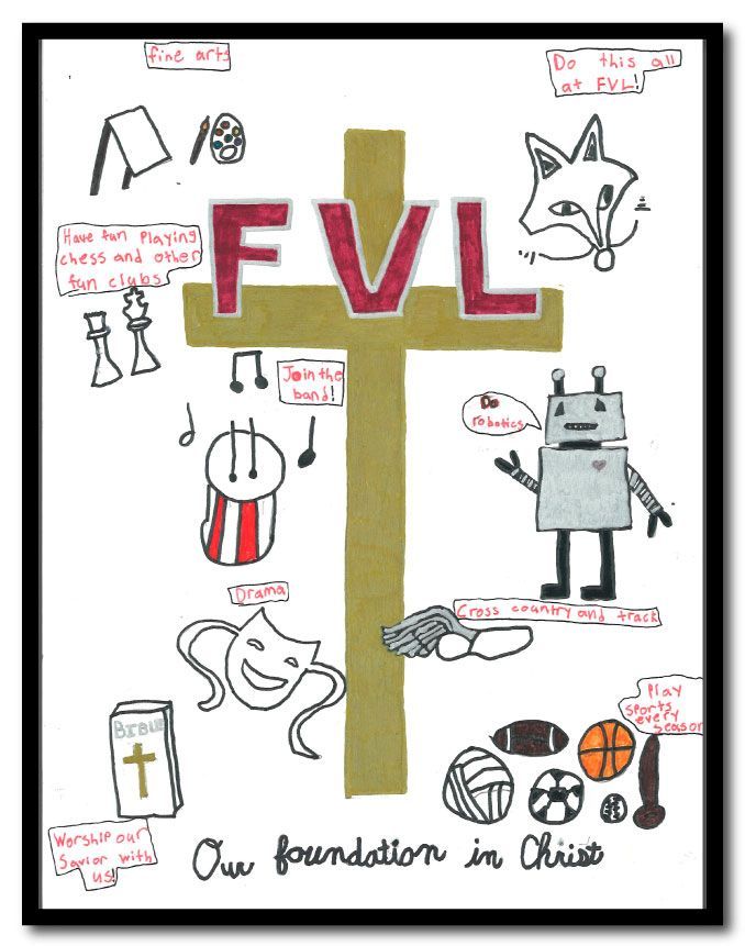 Poster featuring a cross, the letters FVL, a robot, chess pieces, athletic equipment,  a foxhead, and more