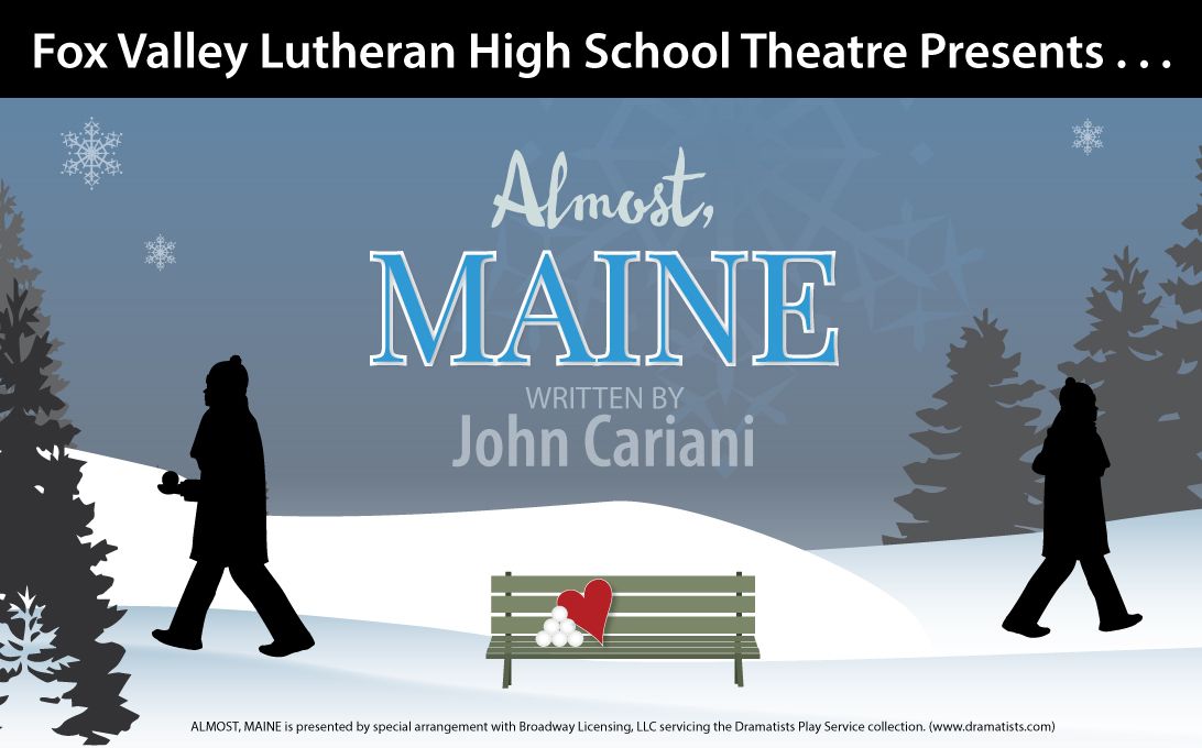 Night time scene with snow, trees, a bench, and a silhouette of a girl and guy walking away from each other
