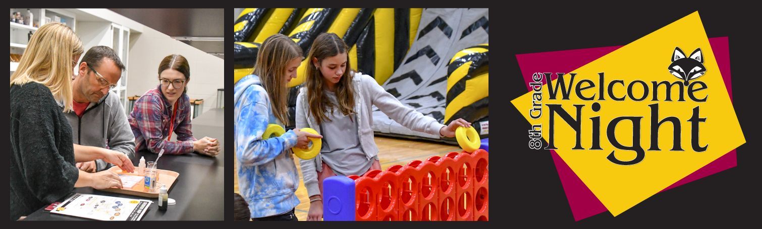8th Grade Welcome Night logo, photo of parents doing an experiment, and photo of 8th graders having fun in the gym