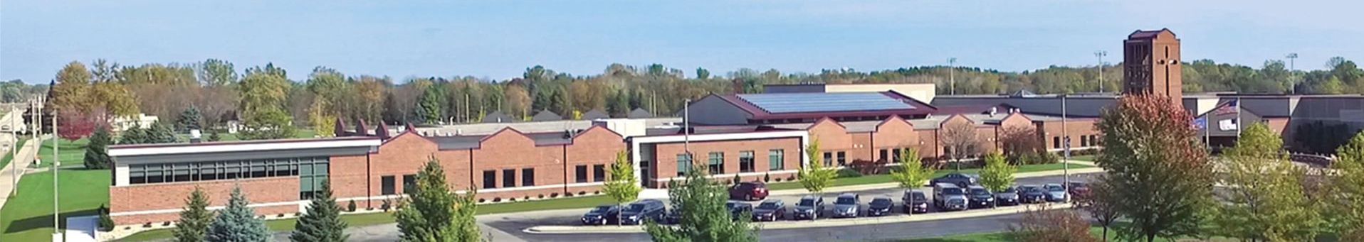 Drone image of the front of Fox Valley Lutheran HS