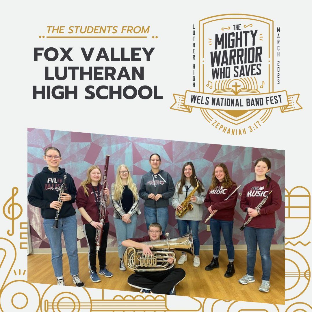 The 8 FVL band students who went to the National Band Fest (and the band fest logo)
