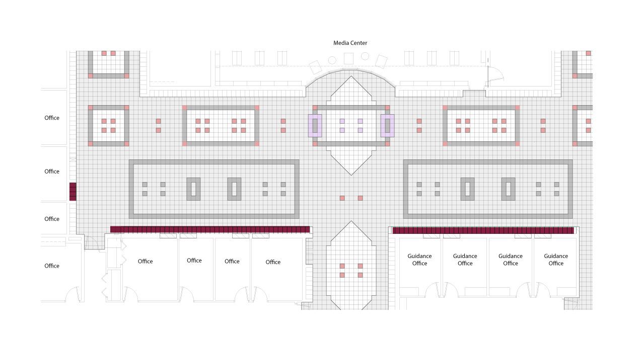 Floor plan showing the tile pattern and locker location in what was formerly the area of the pits