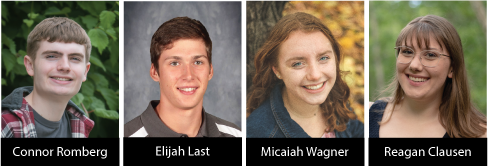 Head shots of Connor Romberg, Elijah Last, Micaiah Wagner, and Reagan Clausen