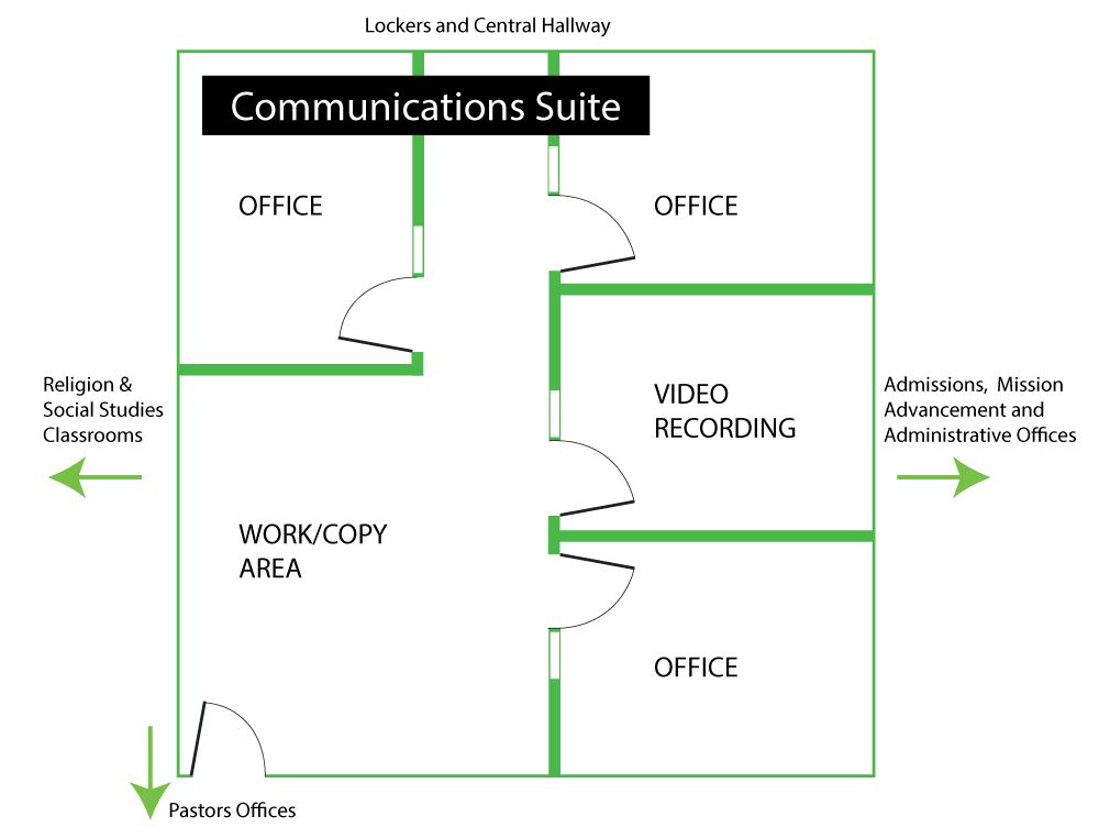 Floor plan for the classroom that was converted into 4 offices and a print area for Communications