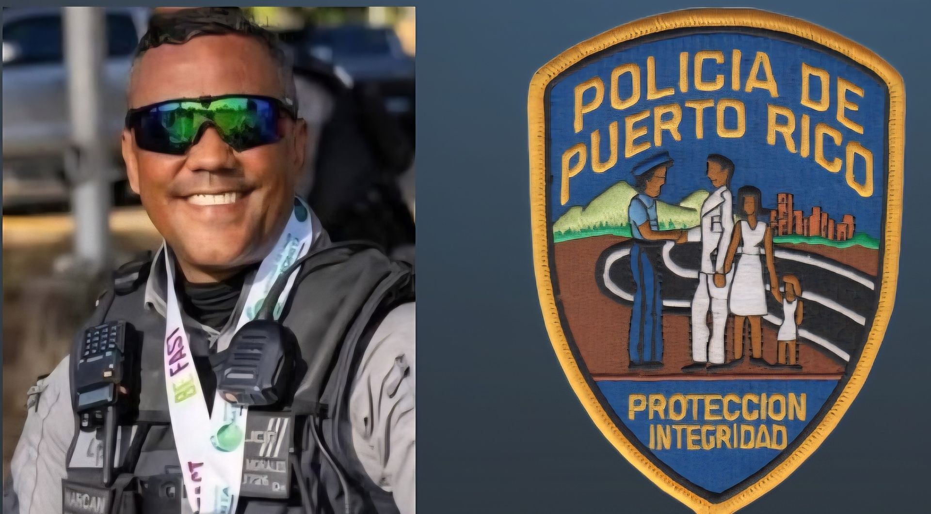 Puerto Rico police officer smiling, wearing sunglasses, and police badge with emblem.