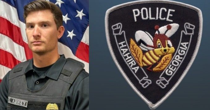 Police officer portrait beside a Hahira, Georgia police patch with an American flag backdrop