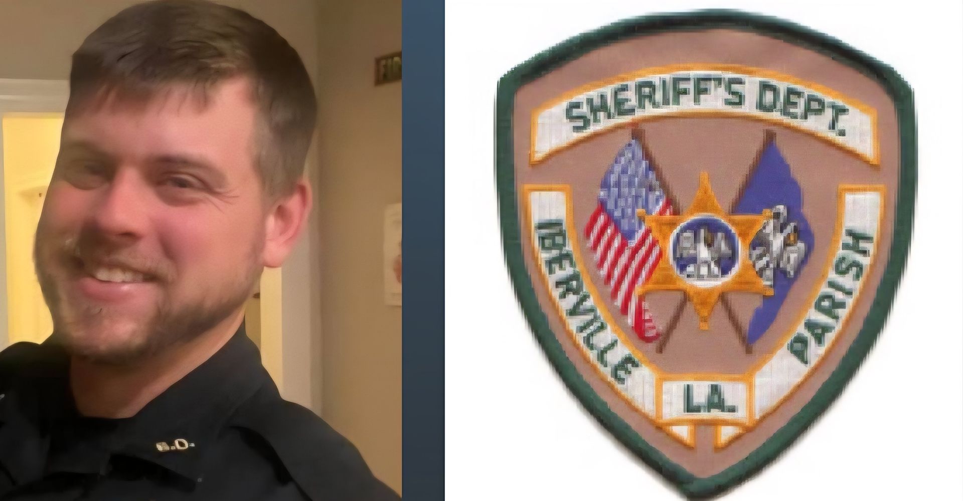 Man in uniform with sheriff's dept. patch. The patch shows the Louisiana flag, American flag, and parish details.