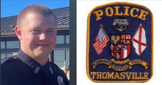 Thomasville police officer beside a police badge patch with flags and shield emblem