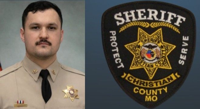 Sheriff’s office portrait beside a Christian County sheriff patch reading “Protect and Serve”