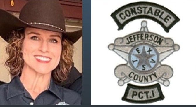 Smiling constable in a brown cowboy hat beside a Jefferson County PCT.1 sheriff badge
