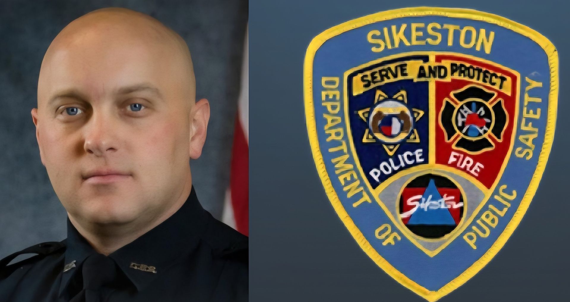 Portrait of a bald man in a police uniform, next to the Sikeston Department of Public Safety badge.