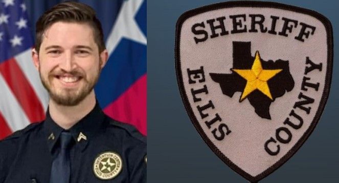 A man in a police uniform is smiling next to a sheriff 's badge.