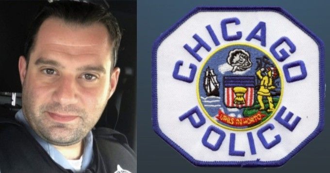 Man beside a Chicago Police badge emblem on a white background