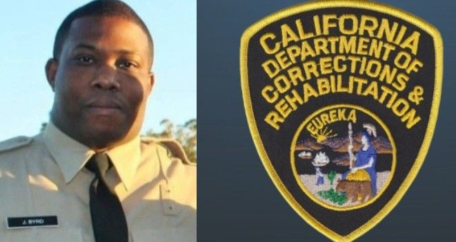 Correctional officer in uniform next to California Department of Corrections & Rehabilitation patch.