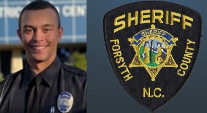 Portrait of a sheriff in dark uniform beside Forsyth County, N.C. sheriff patch