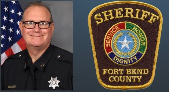 Sheriff’s deputy portrait beside Fort Bend County sheriff’s badge emblem