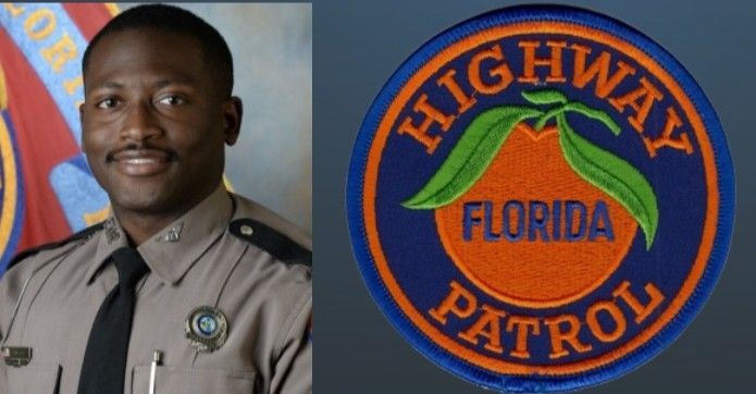 Florida Highway Patrol officer portrait beside Highway Patrol logo