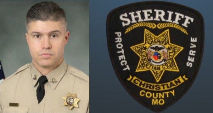 Sheriff portrait in tan uniform beside Christian County, Missouri sheriff badge