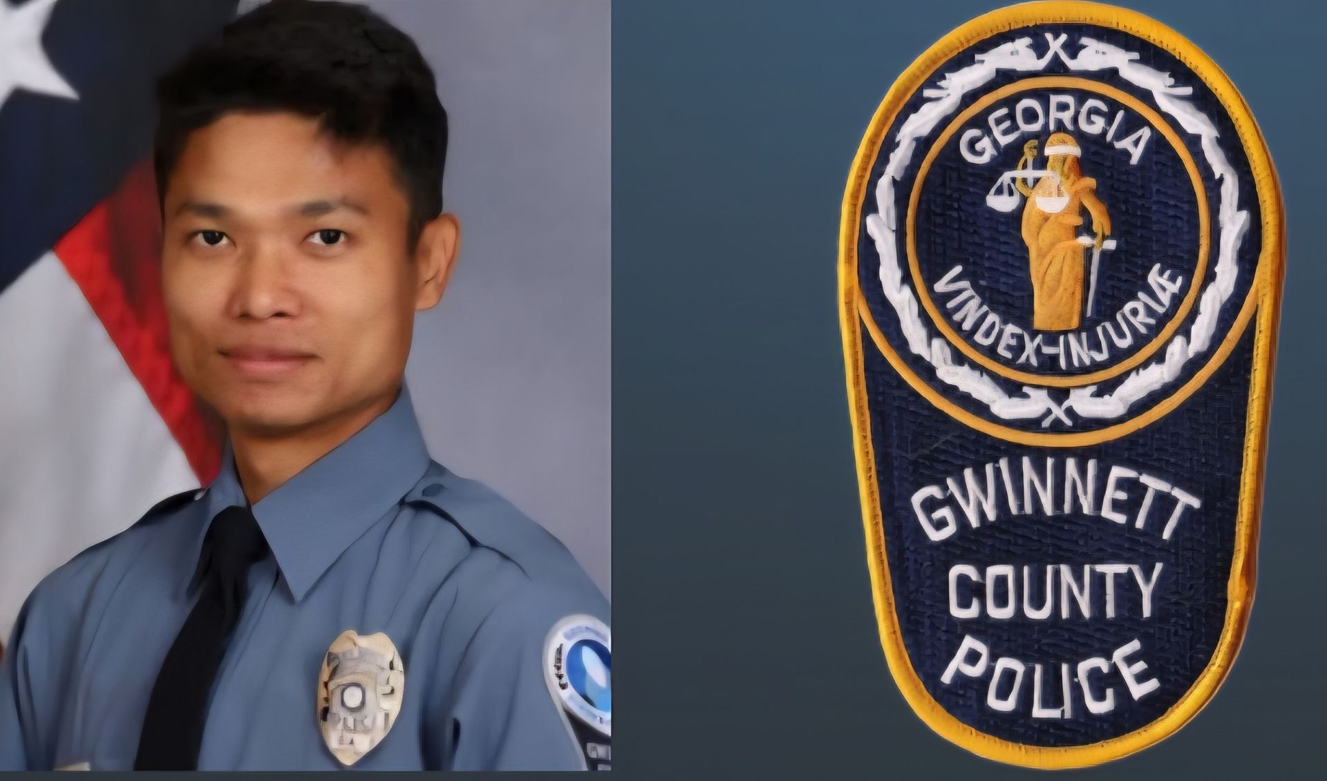 Gwinnett County Police officer in uniform next to the police department's badge with 