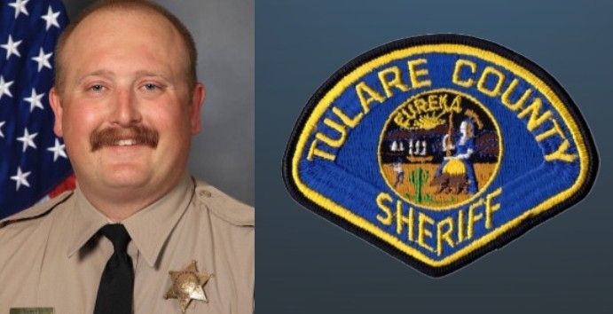 Tulare County sheriff badge and portrait of a uniformed deputy with mustache against a U.S. flag background