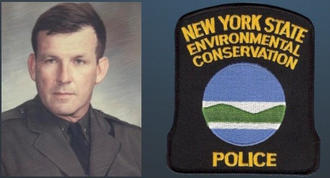 Portrait beside New York State Environmental Conservation Police patch on black background