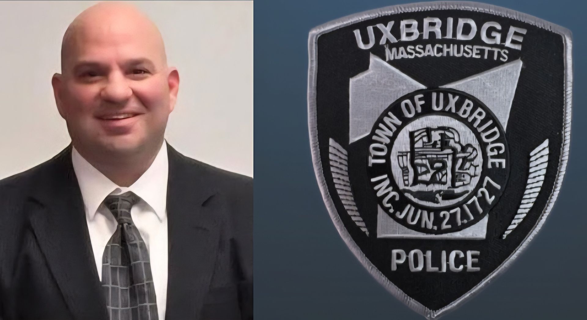 Man in suit next to Uxbridge, Massachusetts Police badge.