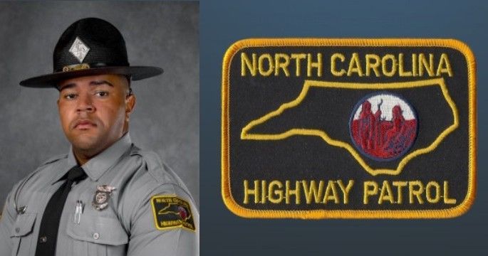 North Carolina Highway Patrol uniform portrait beside patrol patch with state outline and gold lettering
