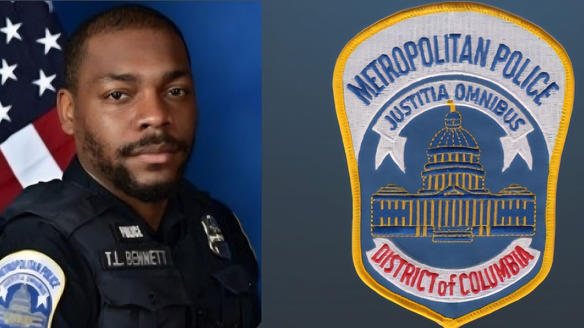 Officer T. Bennett of the Metropolitan Police, D.C. with departmental patch; portrait against an American flag.